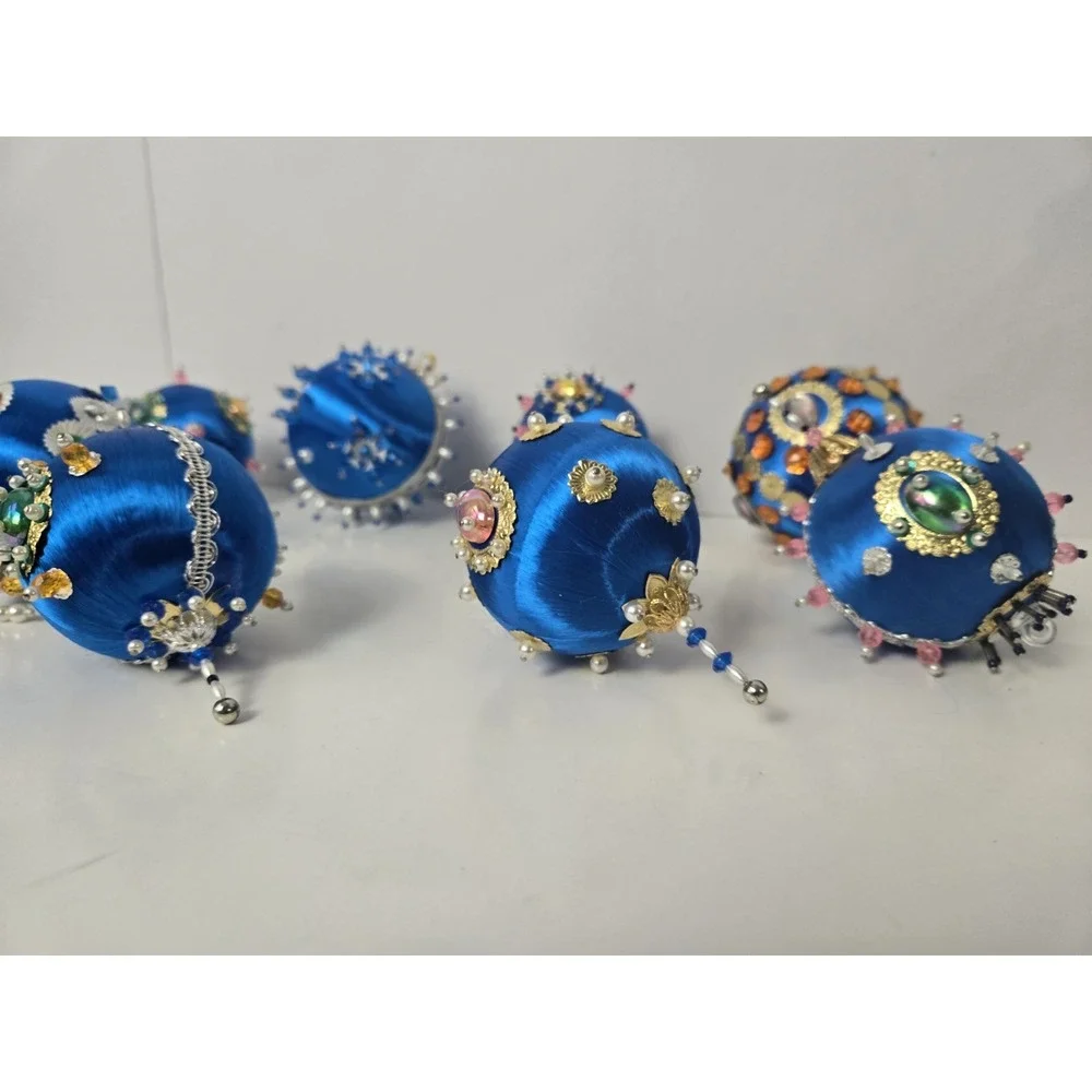 Vintage Christmas ornament push pin satin styrofoam ball lot blue sequin